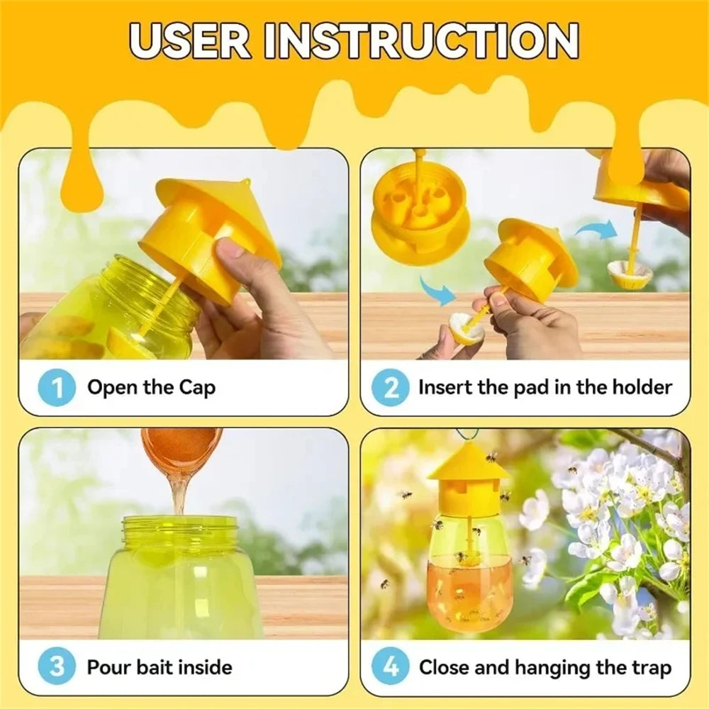 User instructions showing how to open the cap, insert a pad into the holder, pour bait inside, and close and hang the trap.