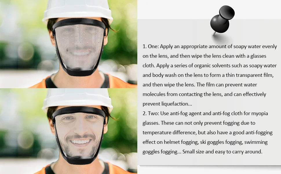 A person wearing a clear protective face mask with an anti-fog shield and silicone seal.