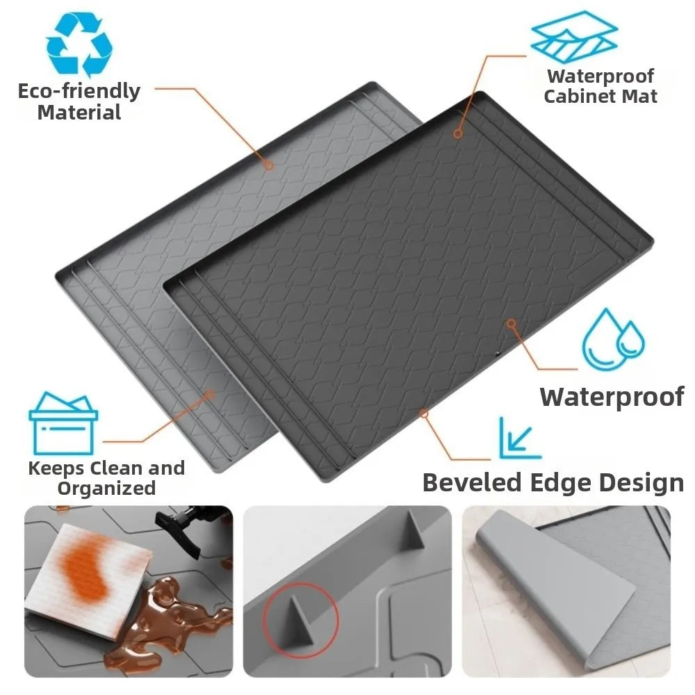 A silicone under sink cabinet protector mat shown with its features including waterproof material and beveled edge design.