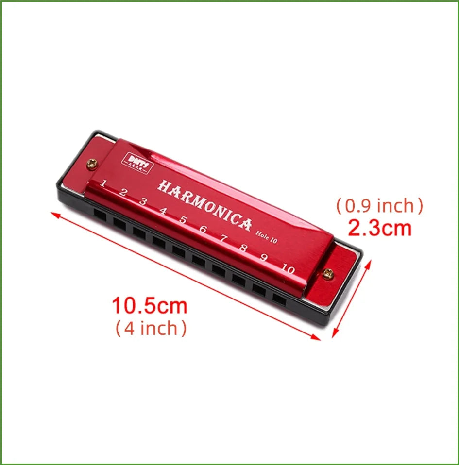 Red harmonica with ten holes and protective case shown in a diagonal view.