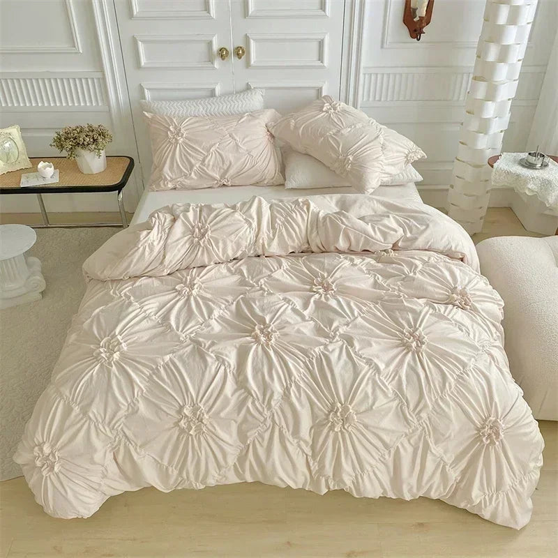 Beige Three-Dimensional Floral Duvet Cover Set