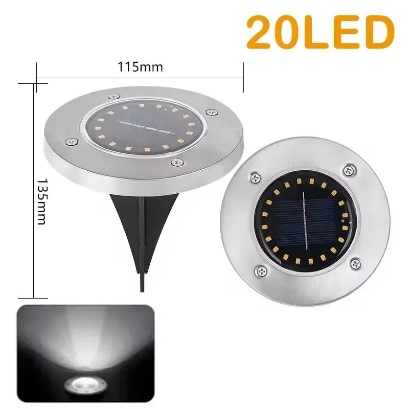 A pair of 20LED solar pathway lights featuring stainless steel and ABS components.