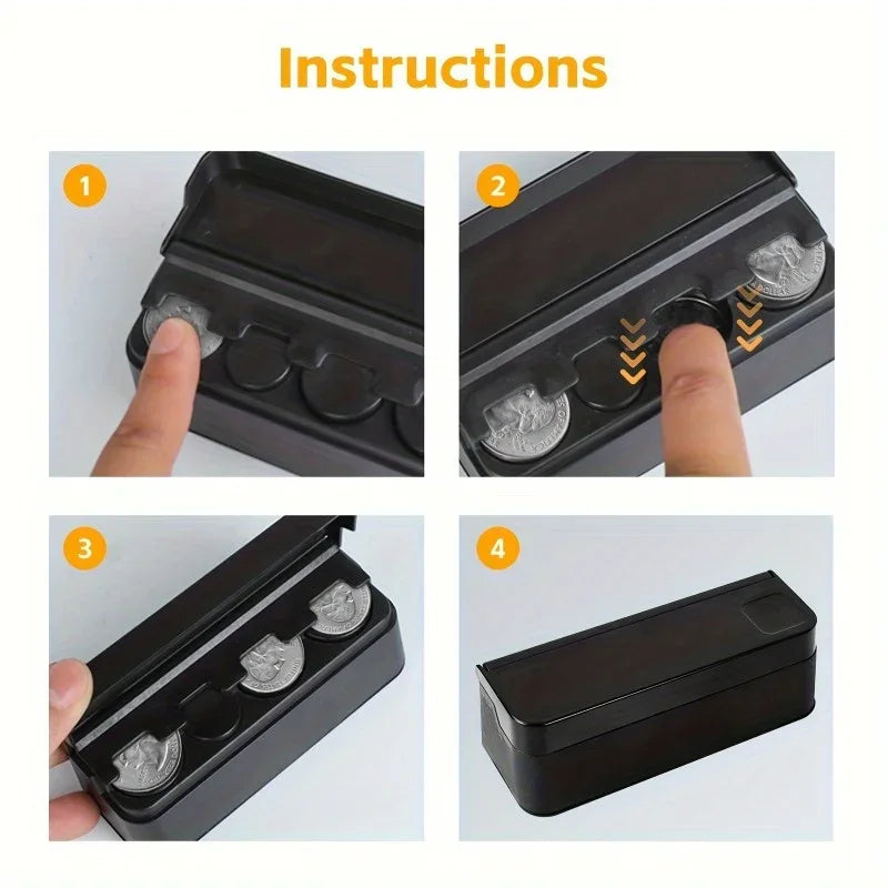 Instructions showing how to open and close a black car coin storage box for organizing small items