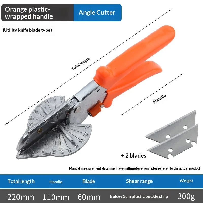 Orange plastic-wrapped handle angle cutter with a utility knife blade for cutting PVC and PE pipe.