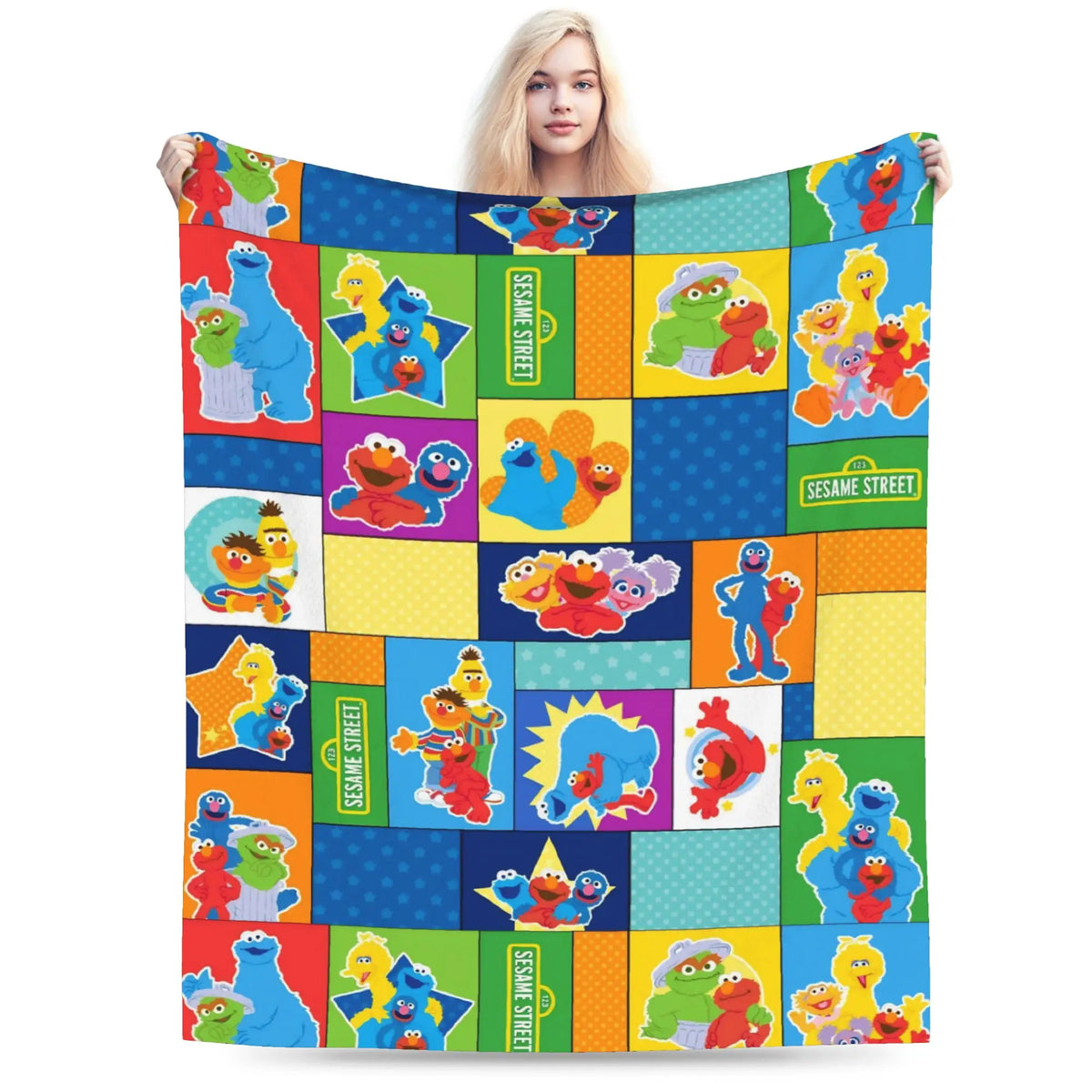 A colorful flannel throw blanket featuring characters from Sesame Street and Friends.