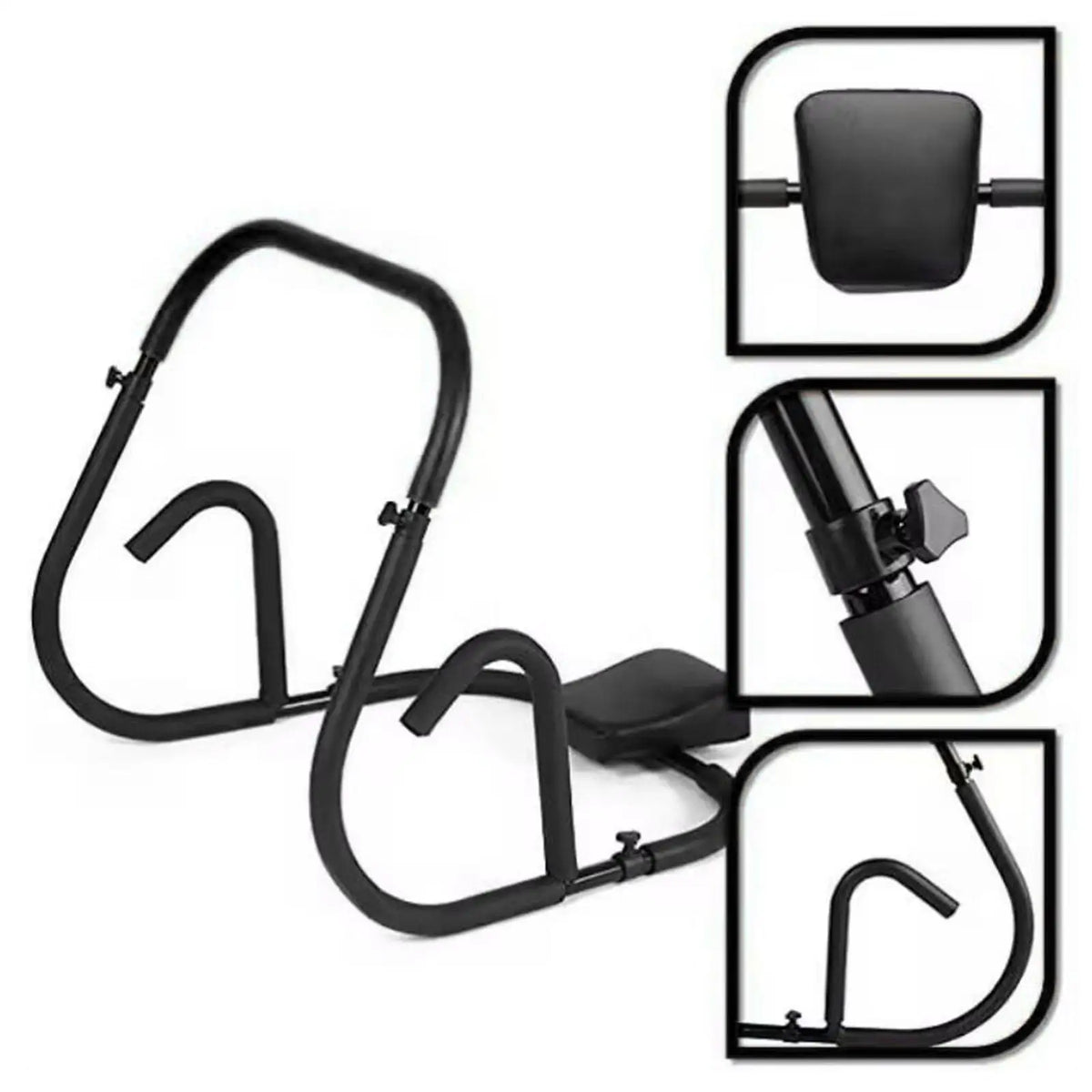 A black portable metal ab cruncher and core trainer with various attachments shown in close-up views.