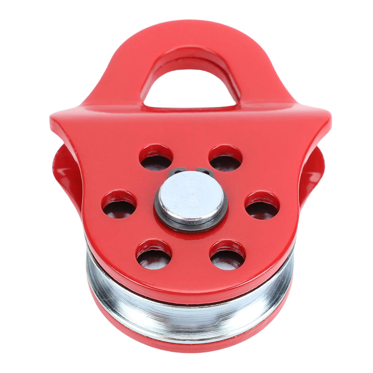 A bright red 3-ton heavy duty snatch block with a silver latch and mounting holes.