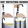 A set of 360 degree rotating hooks and a telescopic ladder with a removable roof hook shown in various views.