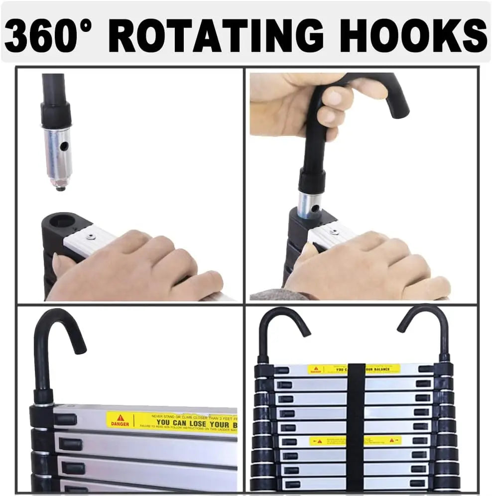 A set of 360 degree rotating hooks and a telescopic ladder with a removable roof hook shown in various views.