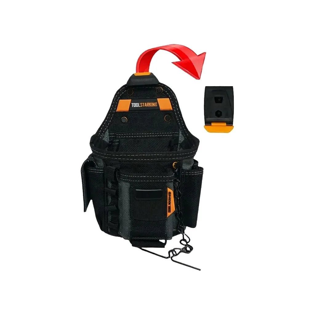 Black heavy duty electrician tool pouch with multiple pockets and a red handle