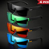 Four pairs of classic square sports sunglasses in black, green, orange, and blue colors displayed against a dark background.