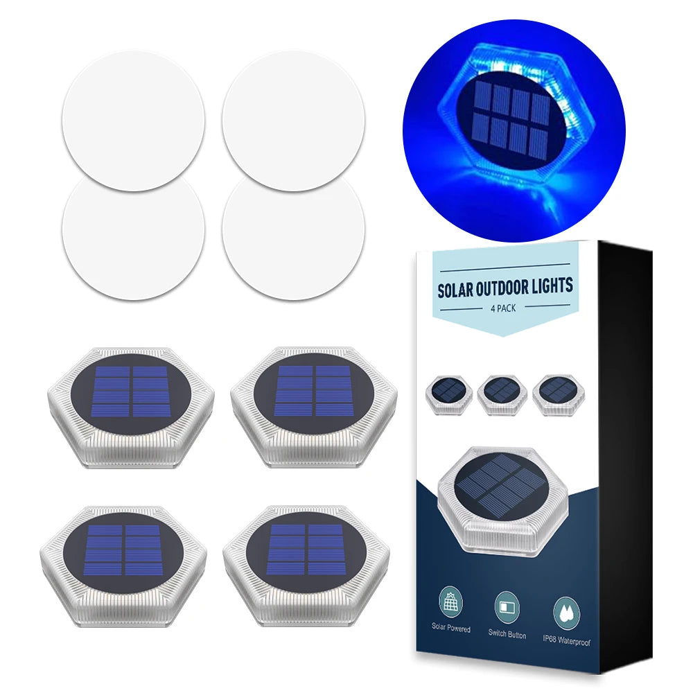 A set of solar outdoor lights featuring various hexagonal and round LED fixtures for path lighting.
