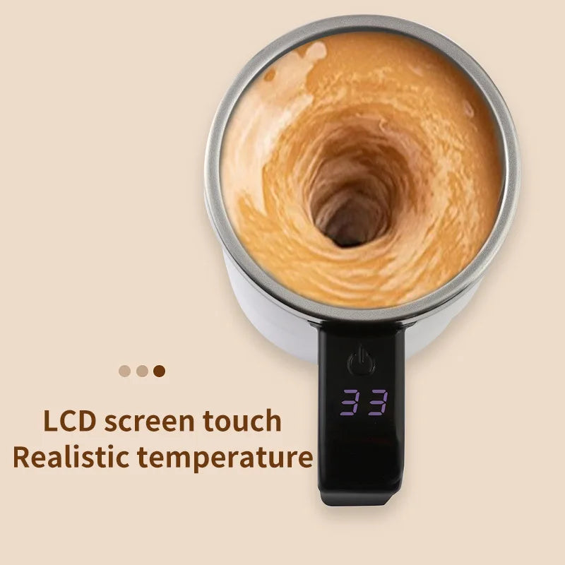 A close-up of a stainless steel mug with a swirling brown liquid inside, featuring an LCD screen and a black stirring mechani