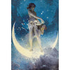 A painting of a woman with dark hair standing in a full moon against a starry night sky, surrounded by glowing white flowers.