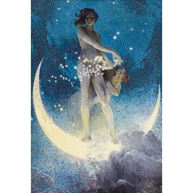 A painting of a woman with dark hair standing in a full moon against a starry night sky, surrounded by glowing white flowers.