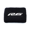 Black microfiber sock with white racing stripes for a brake fluid reservoir cover.