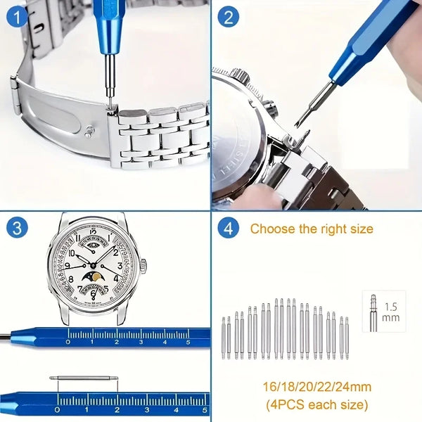 Un juego de herramientas de reemplazo de batería para relojes y varias bandas de reloj mostrados en cuatro pasos.