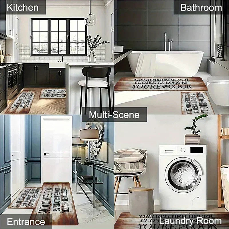 A multi-scene display showing runner rugs in an entrance, kitchen, and laundry room context.