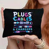 Black pouch with colorful text reading PLUGS CABLES & CHARGERS