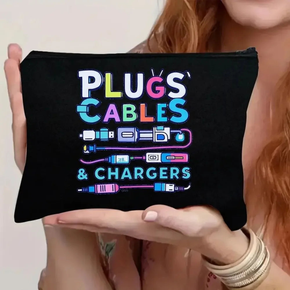 Black pouch with colorful text reading PLUGS CABLES & CHARGERS