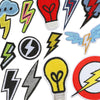 A collection of various lightning bolt iron-on embroidered patches in different colors and styles.