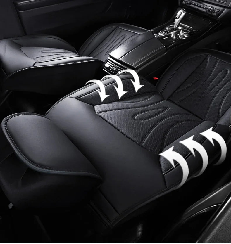 Black full coverage PU leather car seat covers with white stitching and textured upholstery shown in a vehicle interior.