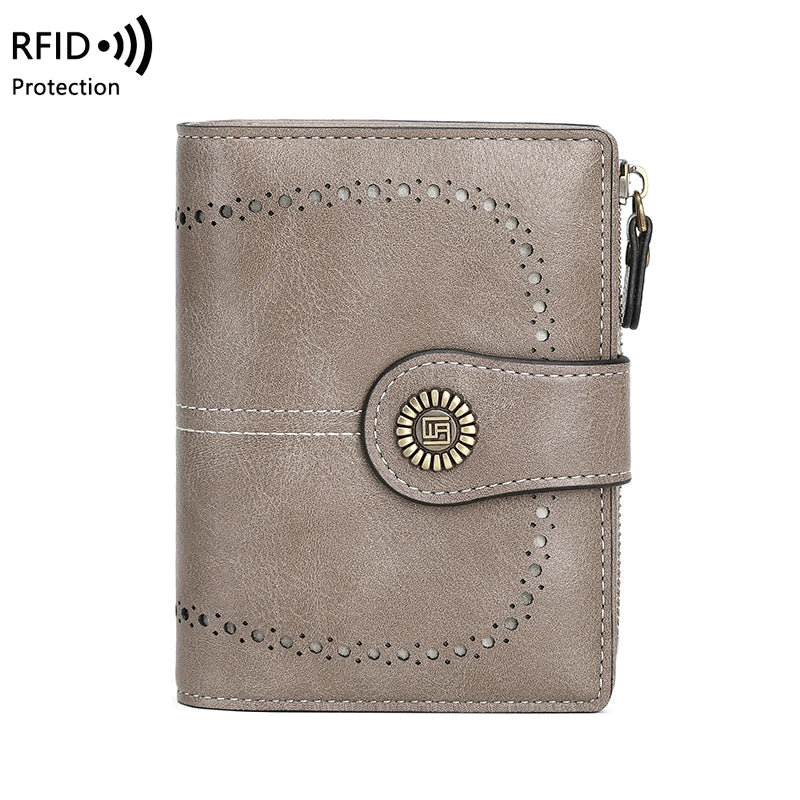 A light taupe leather wallet with multiple card slots and RFID protection features.