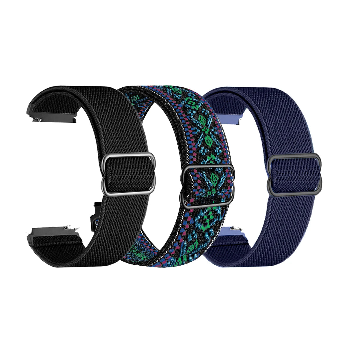 Tres bandas elásticas de colores para rastreadores de fitness, incluyendo negro, verde y azul.