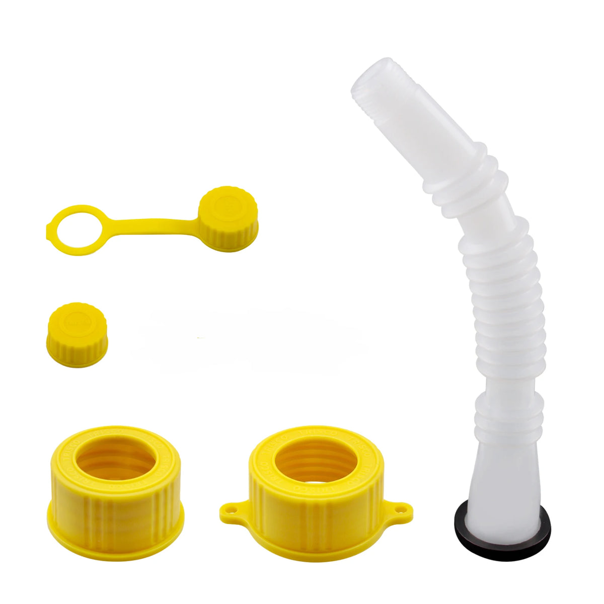 A replacement kit for a universal flexible gas can spout, including a white flexible tube and yellow components.