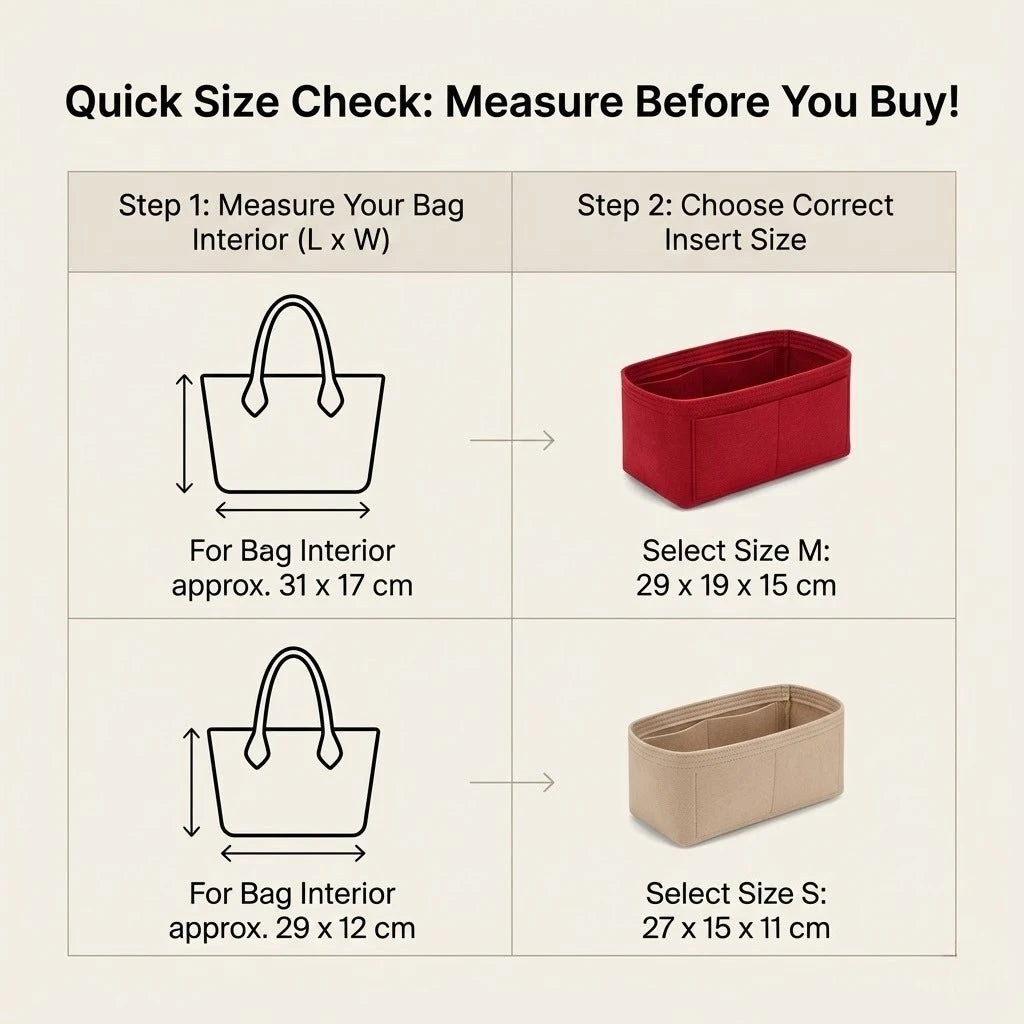 Instructions for measuring and choosing the correct size insert for a felt tote bag organizer.