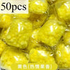 50 pieces of yellow water-soluble laundry fragrance beads packaged in clear plastic.