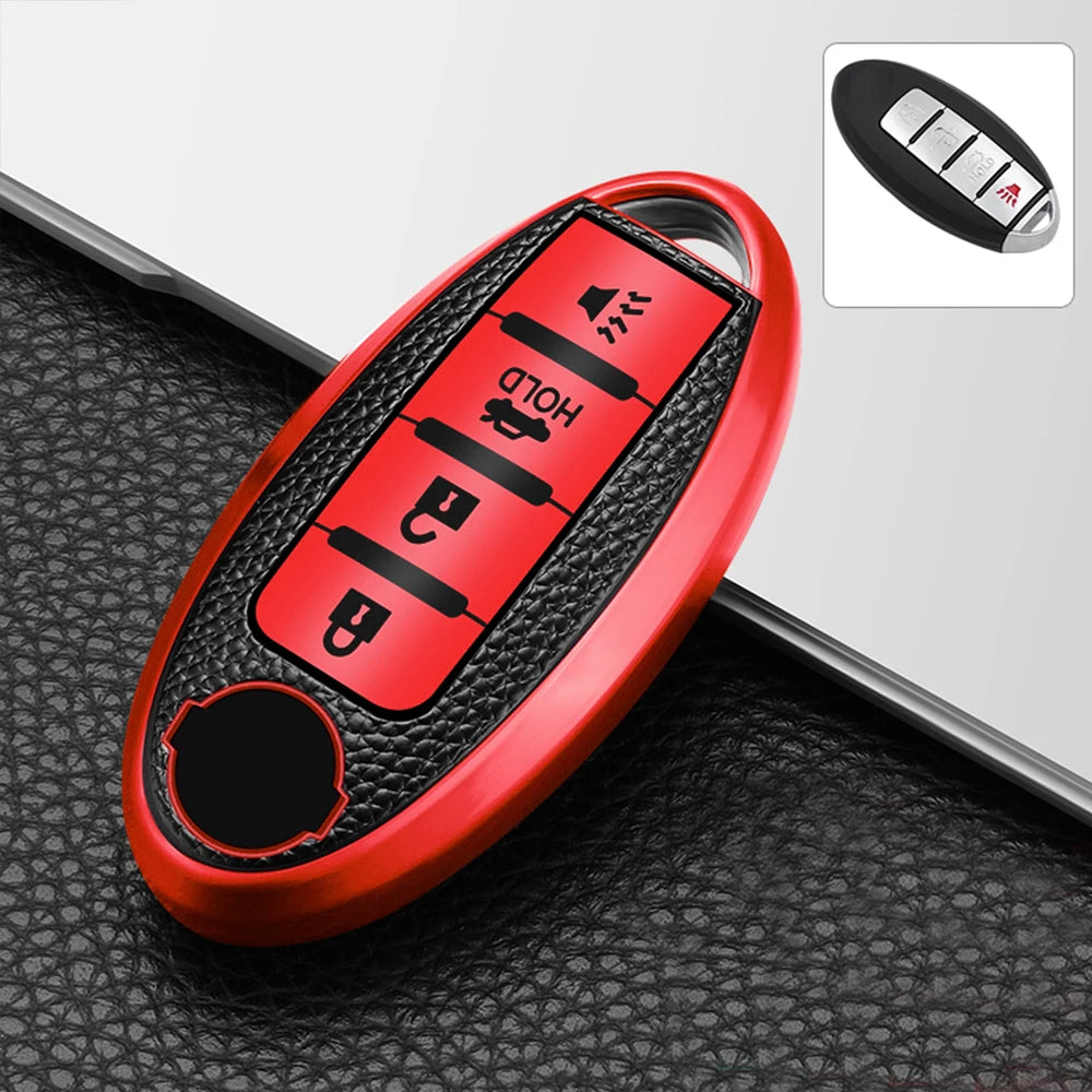 A red TPU key fob cover with multiple buttons is shown on a black textured surface.