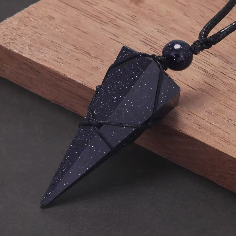 Geometric Natural Stone Pendant Necklace with Adjustable Leather Cord