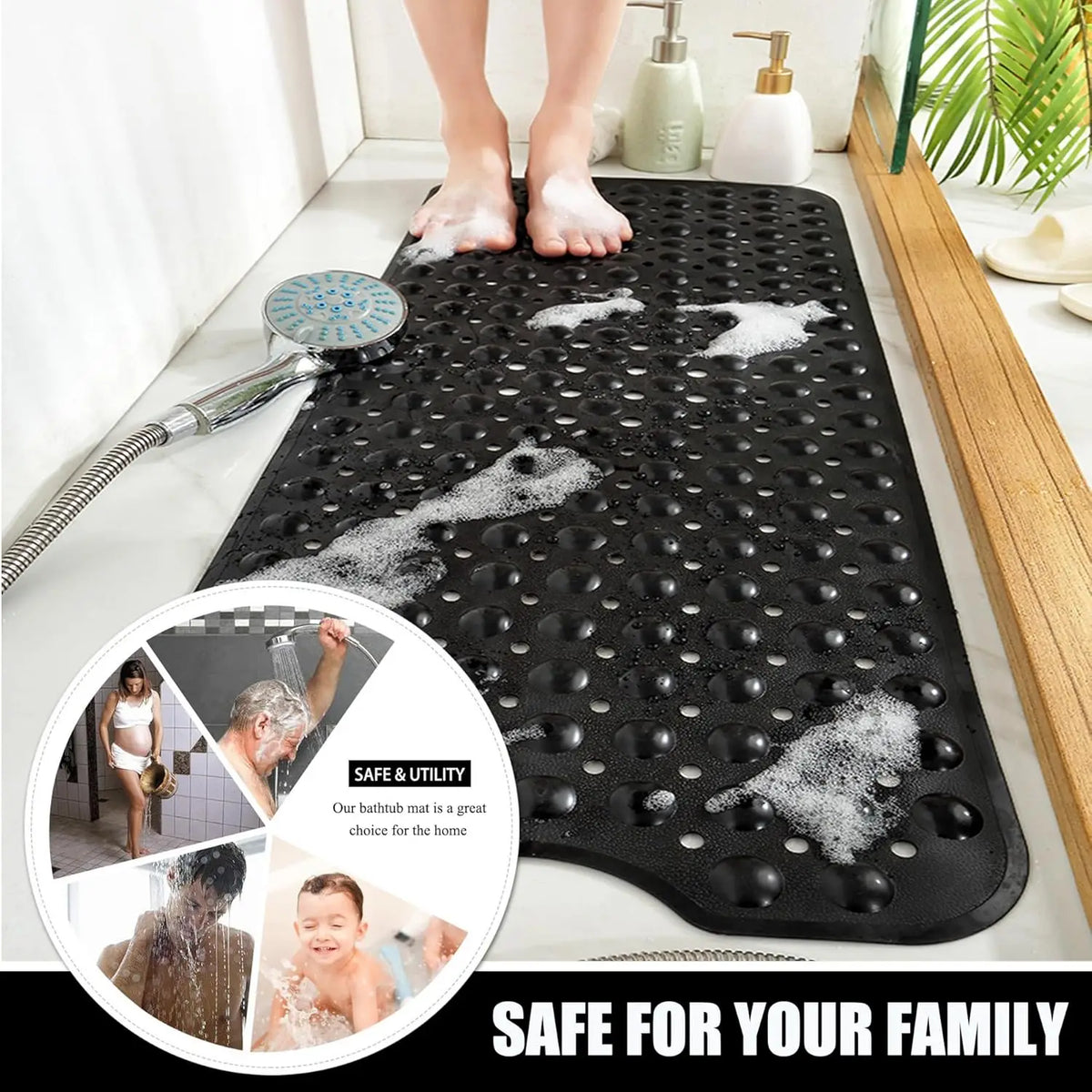 Extra Long Non-Slip Bathtub Mat with Suction Cups & Drain Holes