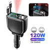 A black retractable car charger with a digital display and USB+Type-C port for Android devices.