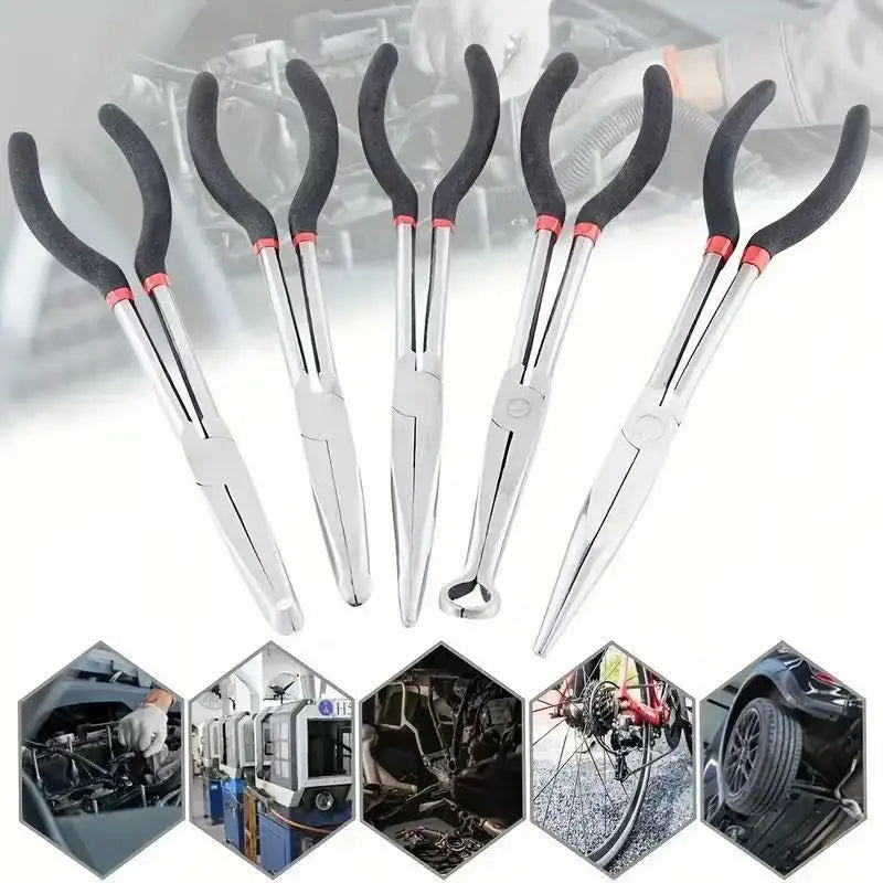 A set of 11-inch needle nose pliers with angled tips and long reach shown alongside various applications.