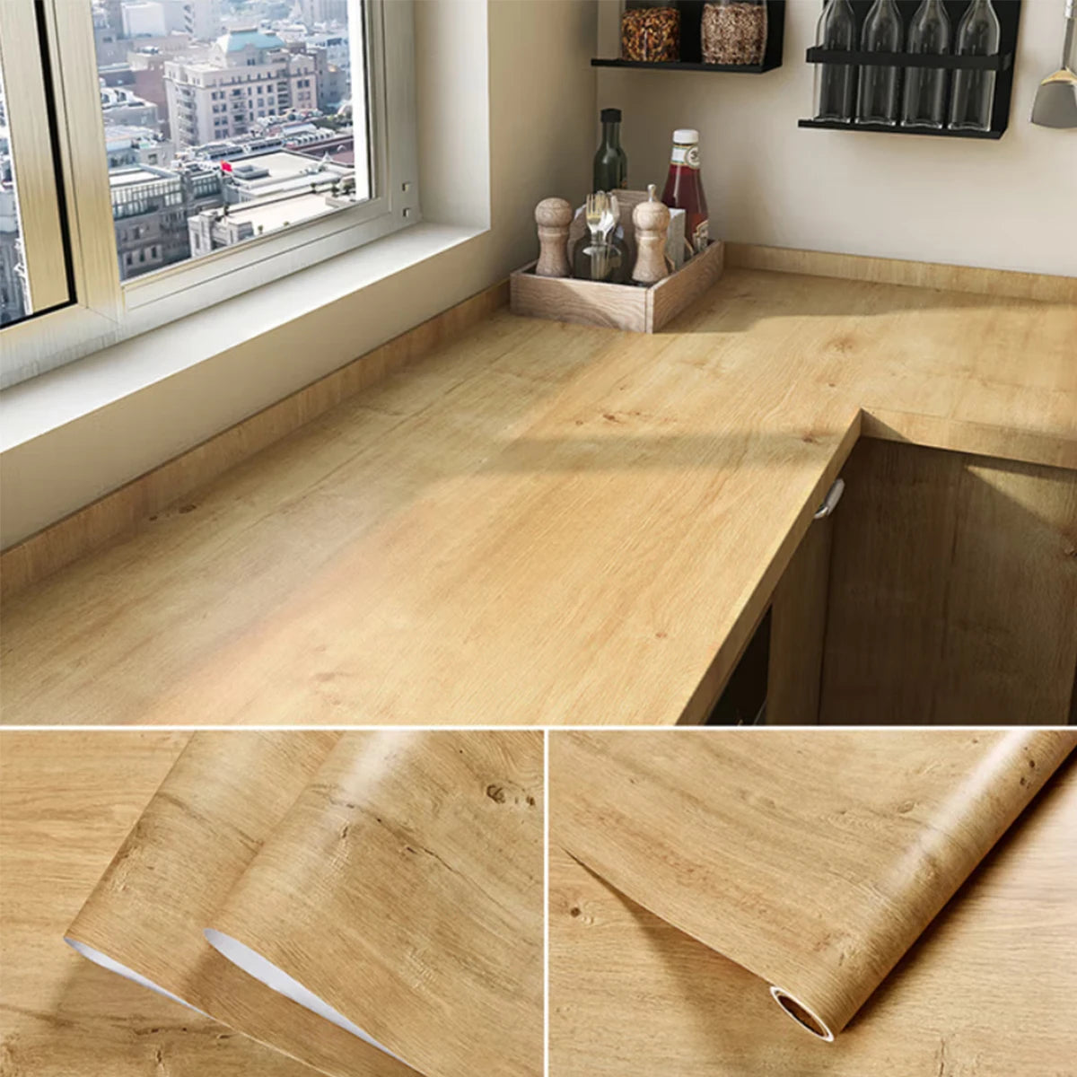 Roll of self-adhesive wood grain wallpaper showing natural light and texture on a wooden surface.