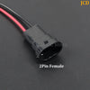 A black electrical connector with a red wire is shown, labeled as a 2Pin Female adapter wiring harness.