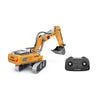 A yellow remote control excavator toy with a black controller and bucket on a white background.