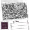 A clear plastic container holds 200 carbon steel T-pins used for knitting, sewing, and crafting.
