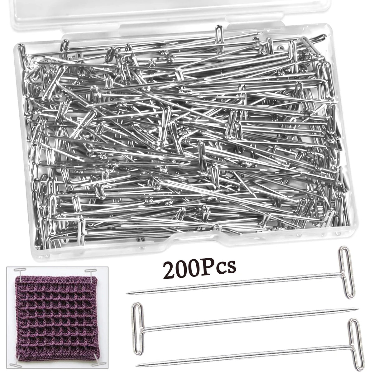 A clear plastic container holds 200 carbon steel T-pins used for knitting, sewing, and crafting.