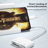 Weißer Adapter, der mit einem Tablet verbunden ist, demonstriert das direkte Abspielen von Filmen oder Dokumenten.