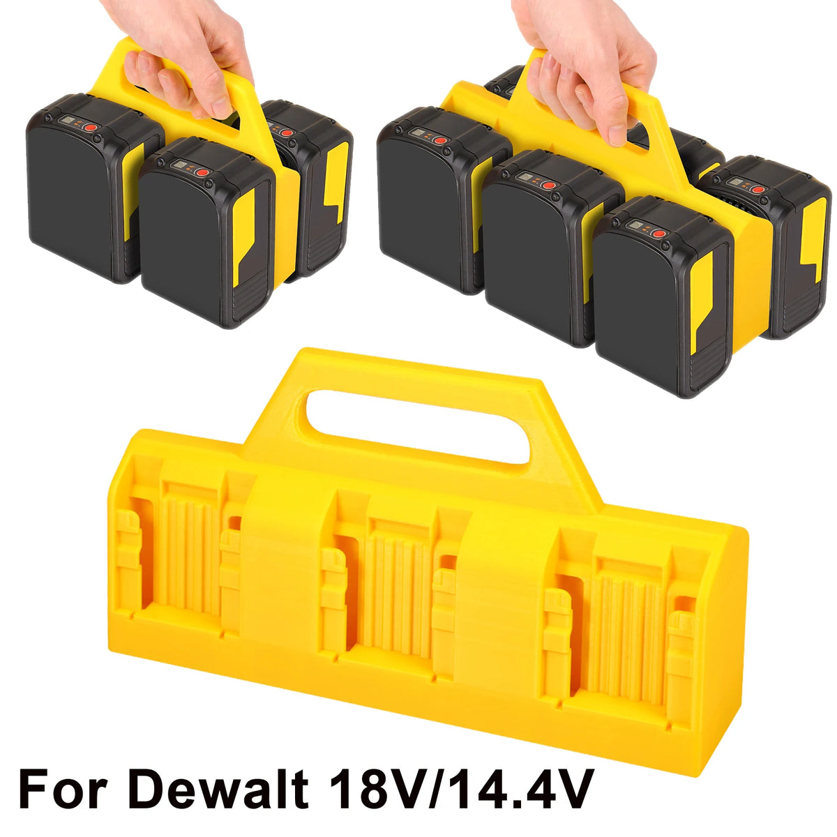 Yellow portable battery storage organizer for Dewalt 18V/14.4V power tool batteries