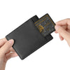 A hand holds a black genuine cowhide leather bifold wallet with a gold embossed card featuring an Express membership.