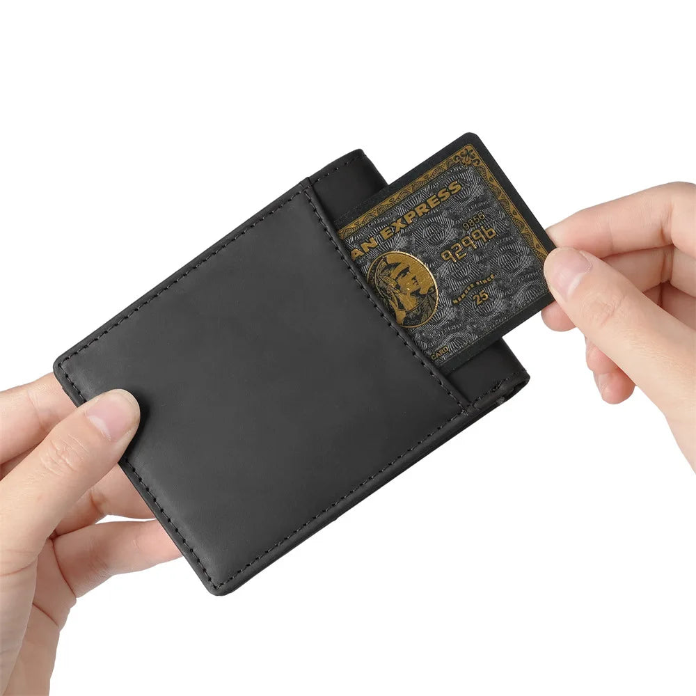 A hand holds a black genuine cowhide leather bifold wallet with a gold embossed card featuring an Express membership.