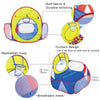 A foldable kids ball pit play tent featuring a soft fabric, durable stitching, curtain design, basketball hoop, and breathabl