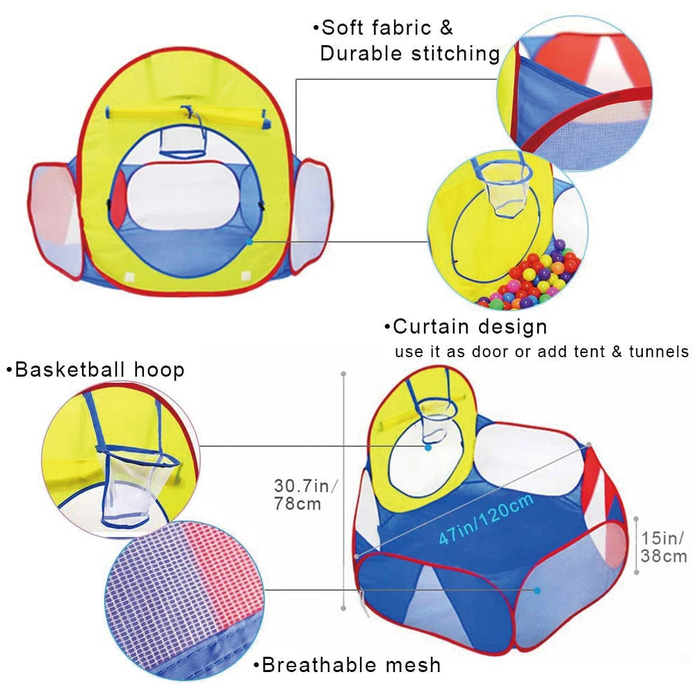 A foldable kids ball pit play tent featuring a soft fabric, durable stitching, curtain design, basketball hoop, and breathabl