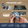 Package list showing components for the Johnny 5 robot building block set including pieces, a model, and accessories.