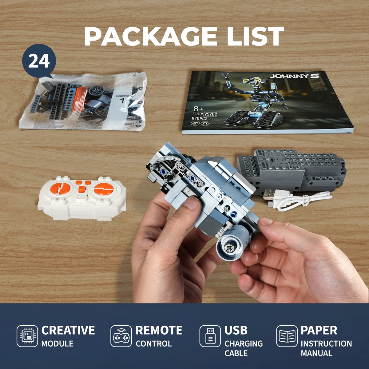 Package list showing components for the Johnny 5 robot building block set including pieces, a model, and accessories.