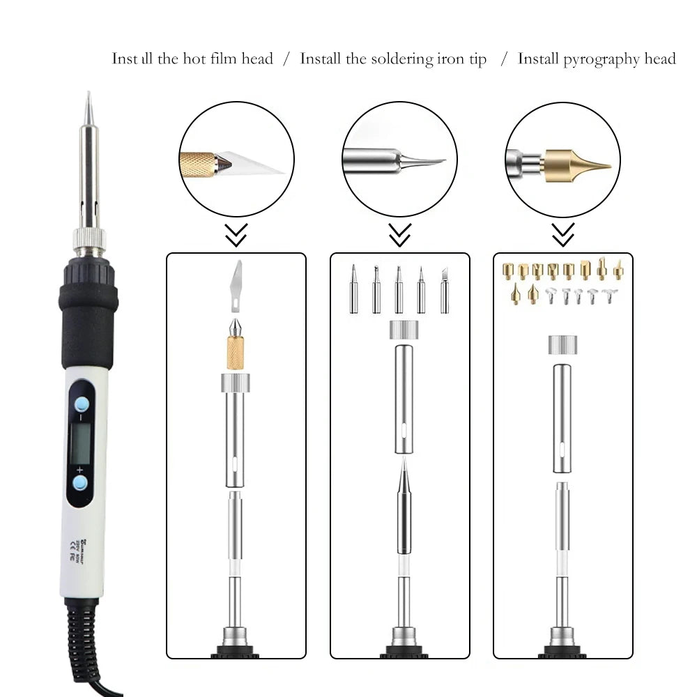 A set of tools for wood burning and soldering including a hot film head, soldering iron tip, and pyrography head.